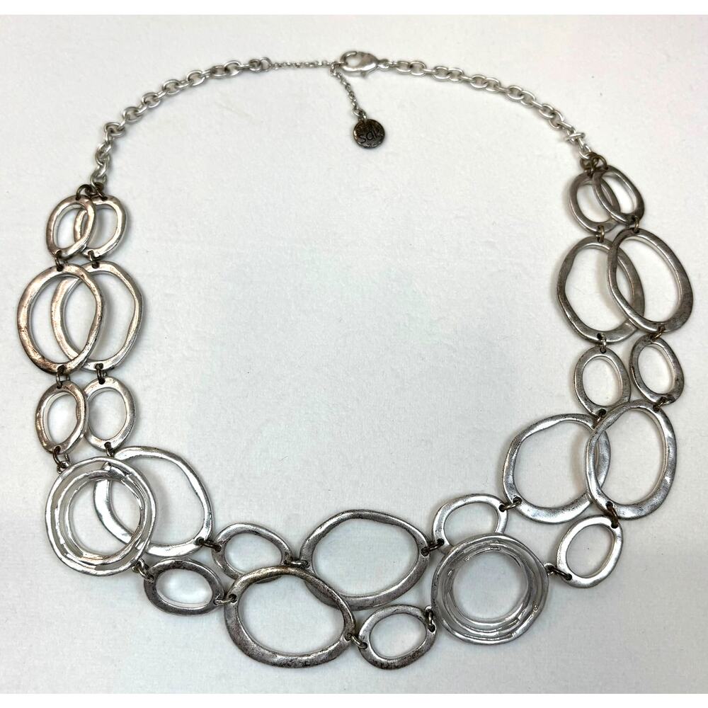 The Sak Hammered Silver Tone Circle Necklace Adjustable Layered Statement 18"